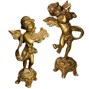 intage brass cherubs set flute and violin/harp